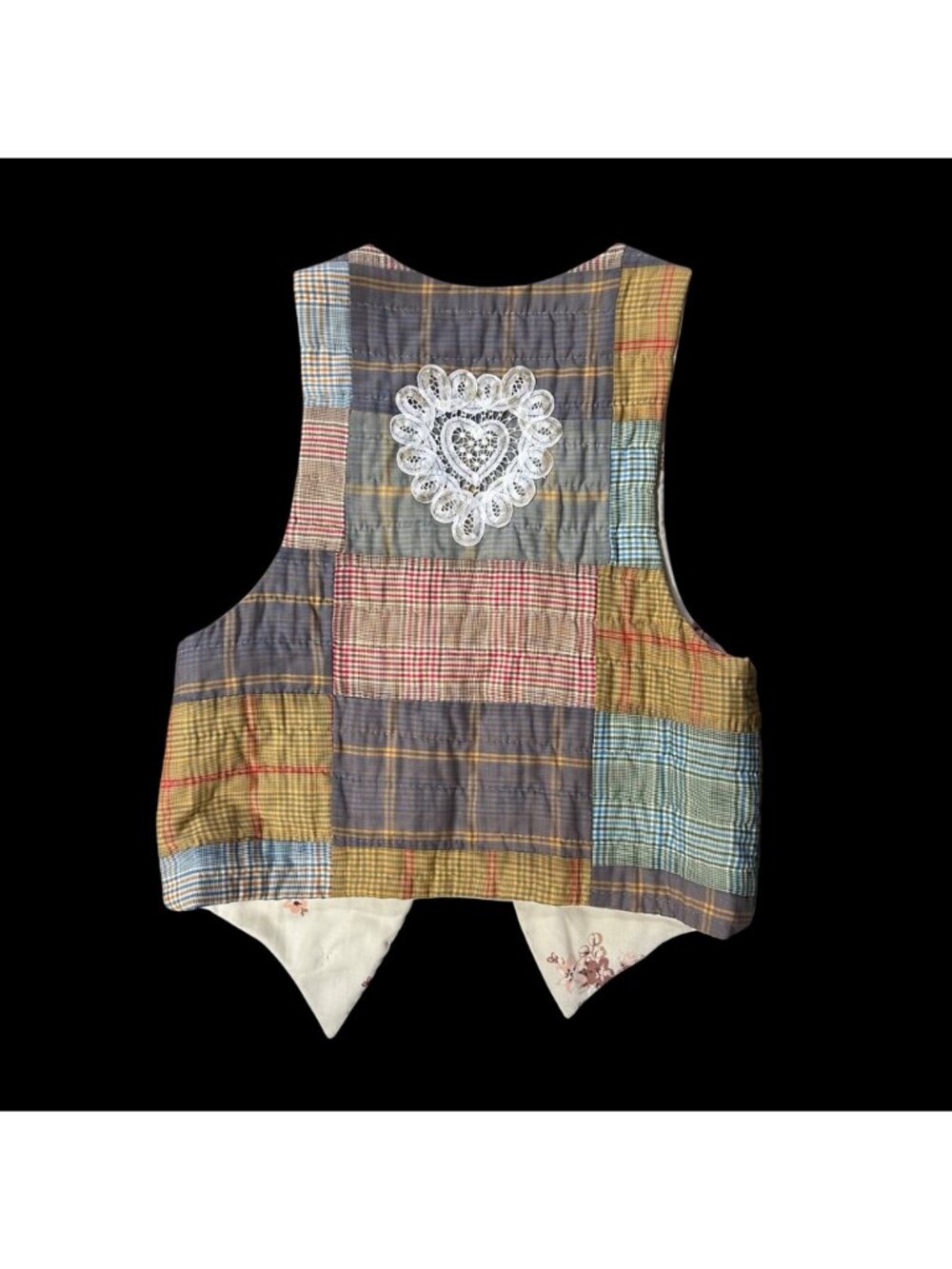 Vintage Vest Open Front Handmade Plaid Patchwork Style Cottage Granny Brooch 90s - Picture 3 of 9